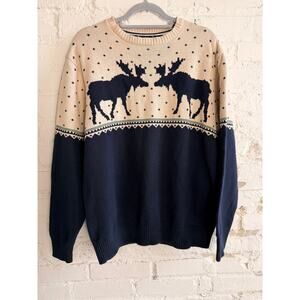 Vintage Wilderness Moose Nordic Fair Isle Knit Sweater XL Navy Graphic Pullover